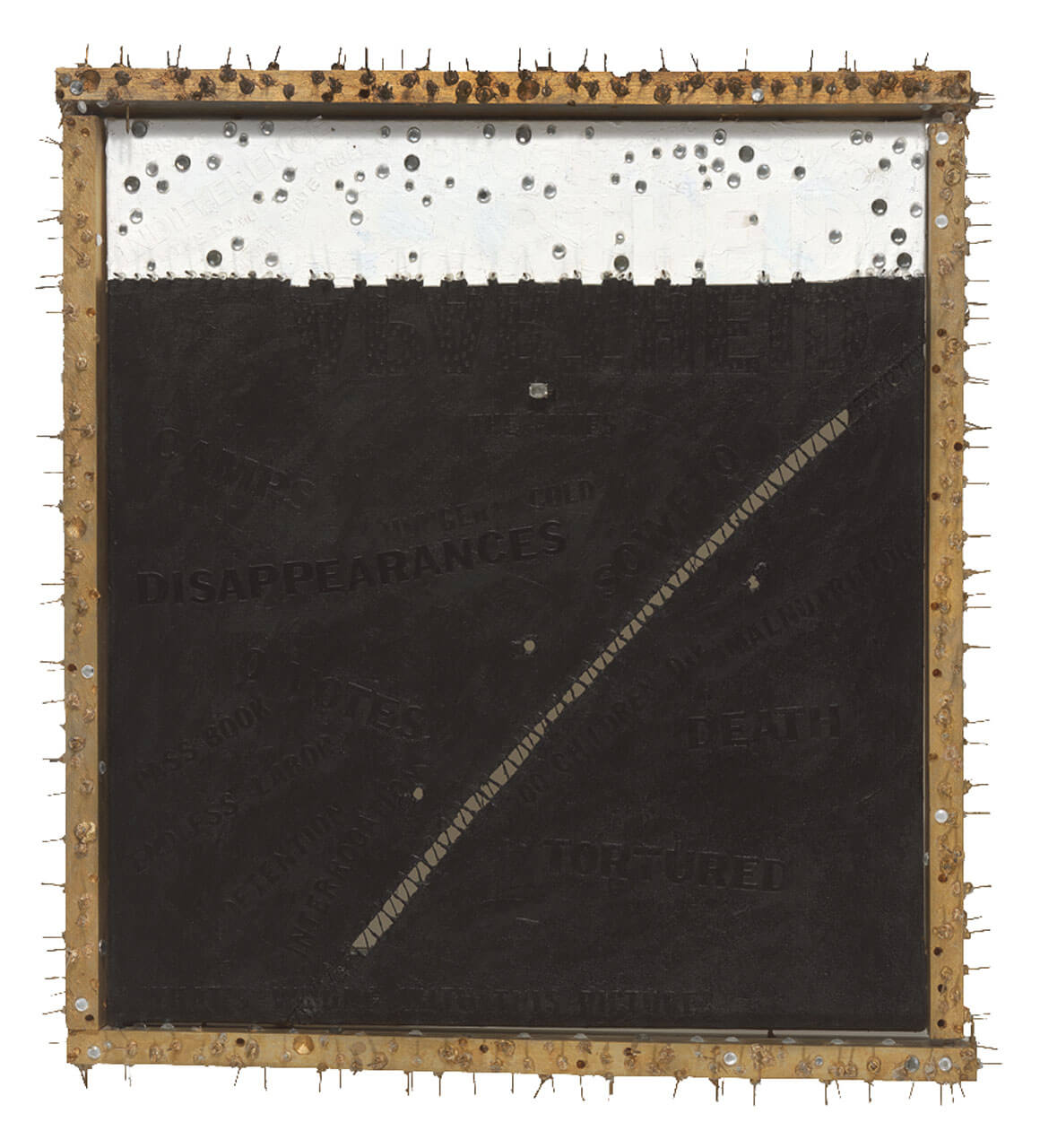 A mixed media artwork depicting apartheid in South Africa. The canvas is split into a black area and a white area, with each section containing various words in vinyl tape. There is a wooden frame around the plaster with nails protruding out from it.